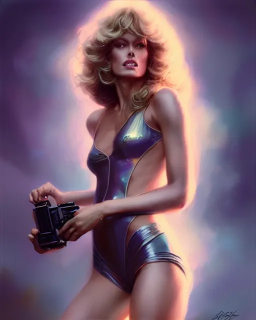 Prompt: photo of farra fawcett, film still, dslr, by greg rutkowski, enoch bolles, ross tran, artgerm, wlop glossy skin, intricate detail, art deco, pearlescent, very coherent, cute