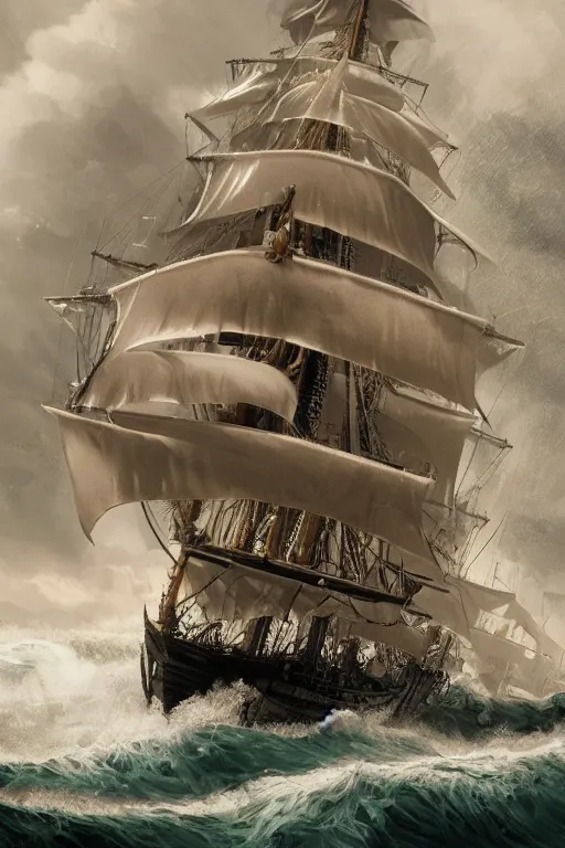 Image similar to A tall ship vessel in heavy waves, hypermaximalistic, high details, cinematic, 8k resolution, beautiful detailed, insanely intricate details, artstation trending, octane render, unreal engine