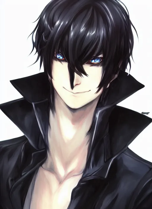 Image similar to portrait by shigenori soejima, handsome male vampire, focus on face, holding a sword, long black hair, dark blue shirt, light brown coat, red - eyes,