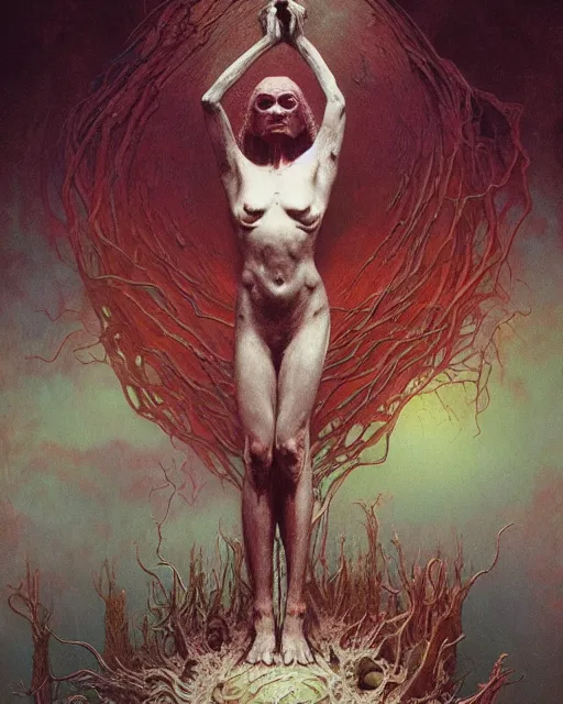 Image similar to the creature at the end of the universe, painted by zdzislaw beksinski and artgerm and greg rutkowski and alphonse mucha