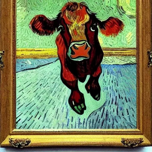 Prompt: a brown cow falling down an endless flight of stairs, van gogh painting