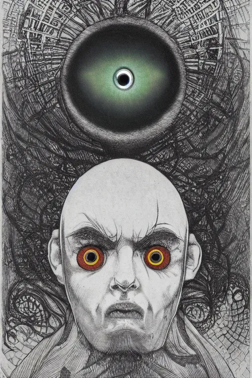 Image similar to portrait of cursed occult fractal shaped head with single centered giant orb eye, in the style of Greg Broadmore and Arthur Rackham,trending on artstation, light lighting side view,digital art,surrealism ,macro,blueprint ,vaporwave ,