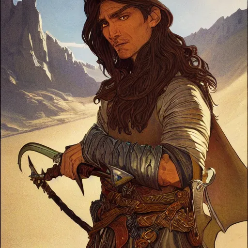 Image similar to Kethlan the elven desert bandit. Epic portrait by james gurney and Alfonso mucha (lotr, witcher 3, dnd).