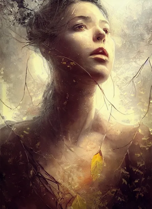 Prompt: golden leaves at frame border, creative composition for a book cover, moon, beautiful portrait painting by jeremy mann, a female witch absurdly beautiful, ultrafine hyperrealistic detailed face by wlop and artgerm and greg rutkowski, intricate linework, sharp focus, smooth, octopath traveler, final fantasy, unreal engine, dramatic lighting, ethereal, 8 k