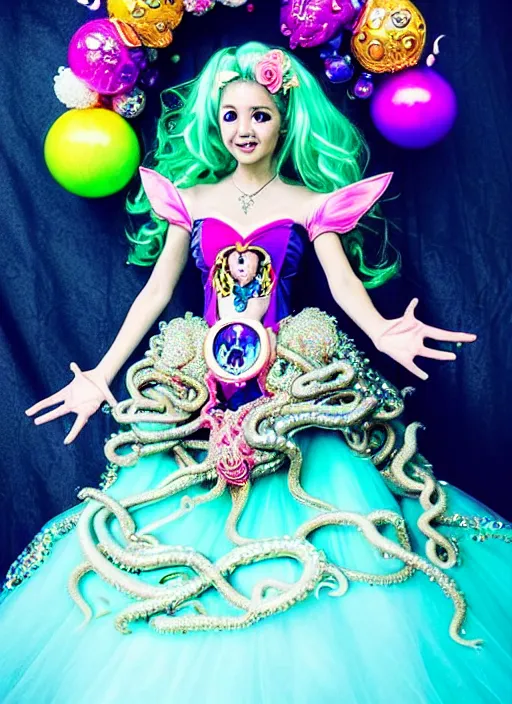 Prompt: A full body shot of a cute and mischievous monster princess with Sailor Moon hair made of tentacles wearing an ornate ball gown covered in jewels. Dynamic Pose. Quinceanera dress. Rainbow palette. rainbowcore. Eldritch Beauty. defined facial features, symmetrical facial features. Opalescent surface. beautiful lighting. By Giger and Ruan Jia and Artgerm and WLOP and William-Adolphe Bouguereau. Fantasy Illustration. Sailor Moon hair. Masterpiece. trending on artstation, featured on pixiv, award winning, cinematic composition, dramatic pose, sharp, details, Hyper-detailed, HD, HDR, 4K, 8K.