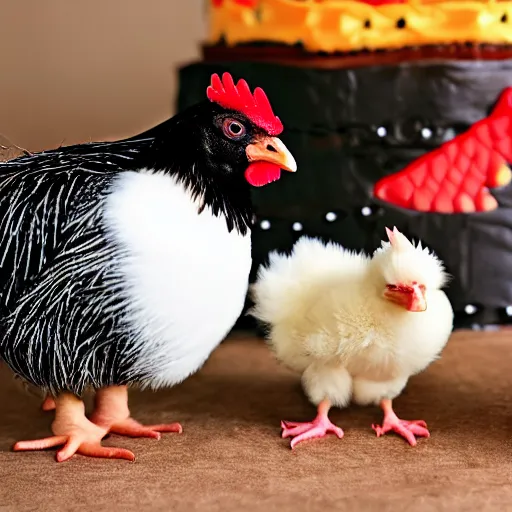 Prompt: a fluffy downed baby chick with a rooster they see a birthday cake having 3 candles