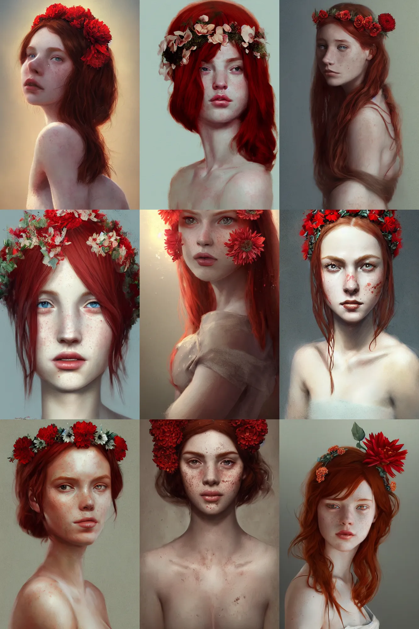 Image similar to A portrait of a beautiful red haired girl with freckles, wearing a flower headpiece, porcelain skin, cinematic lighting, photo realistic, highly detailed, maya, digital painting, artstation, concept art, sharp focus, illustration, by greg rutkowski