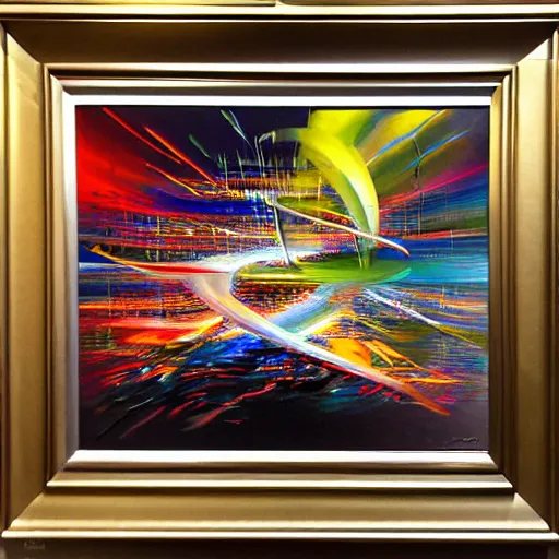 Image similar to abstract art representing momentum, oil painting by john berkey and gabriel dawe, masterwork