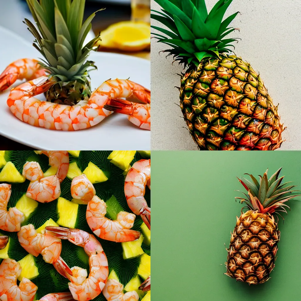 Prompt: shrimp in the shape and colors of a pineapple