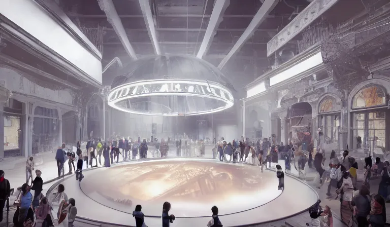 Image similar to crowd of people in simple white museum, looking at hologram of futuristic metropolis on a circular table, cinematic concept art, godrays, golden hour, natural sunlight, 4 k, clear details, tabletop model buildings, center model buildings, hologram center, crane shot, crane shot, crane shot, white walls