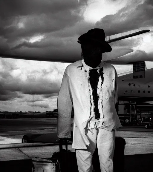 Prompt: two dairy cow skin man at the airport trending flickr noir detailed portrait