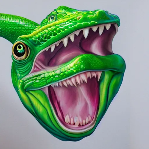 Image similar to president trump is a smiling laughing bright green lizard person, airbrush painting, hyper detailed, 8 k.