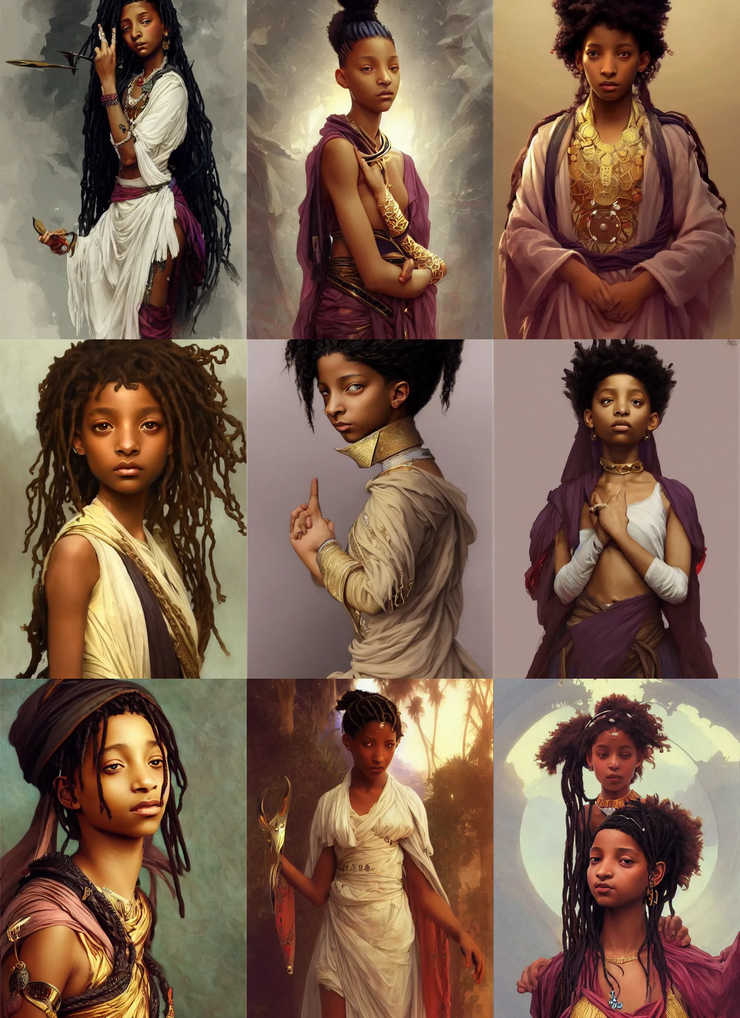 Prompt: willow smith young libyan princess, highly detailed, digital painting, artstation, concept art, sharp focus, illustration, orientalism, bouguereau, briclot, rutkowski, mucha