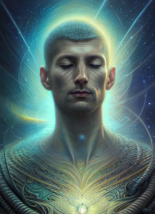 Image similar to closeup portrait shot of a male meditation in cosmic galaxy in a scenic dystopian environment, intricate, elegant, highly detailed, centered, digital painting, artstation, concept art, smooth, sharp focus, illustration, artgerm, tomasz alen kopera, peter mohrbacher, donato giancola, joseph christian leyendecker, wlop, boris vallejo