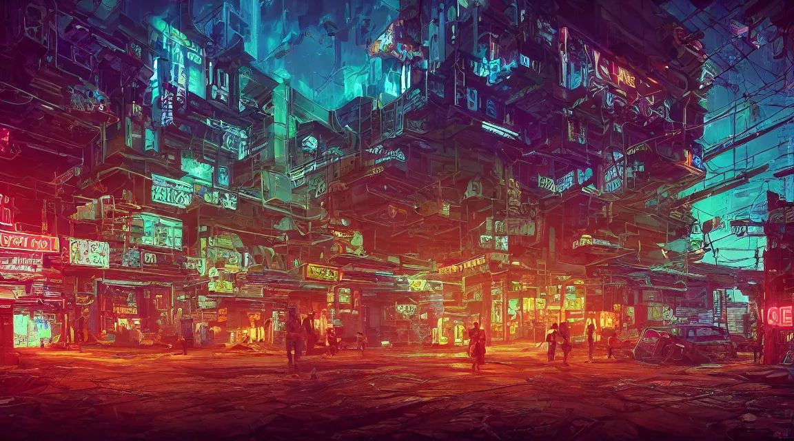 Image similar to post apocalyptic building, cyberpunk neon retro, by Vladimir Manyukhin, by Simon Stålenhag, by Guido Borelli, deviantart, trending on artstation, Photorealistic, vivid colors, polychromatic, glowing neon, geometric, concept art digital illustration, polished, beautiful, HDR Unreal Engine 64 megapixels IMAX Terragen 4.0, 8k resolution concept art filmic complex utopian mysterious moody futuristic