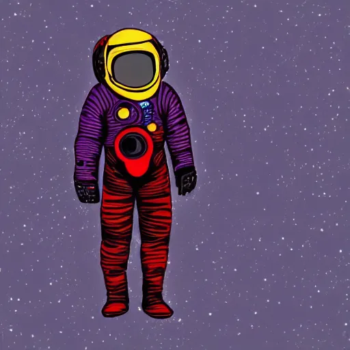 Prompt: spacesuit floating through space, in the style of Chesley Bonestall, red purple black colors