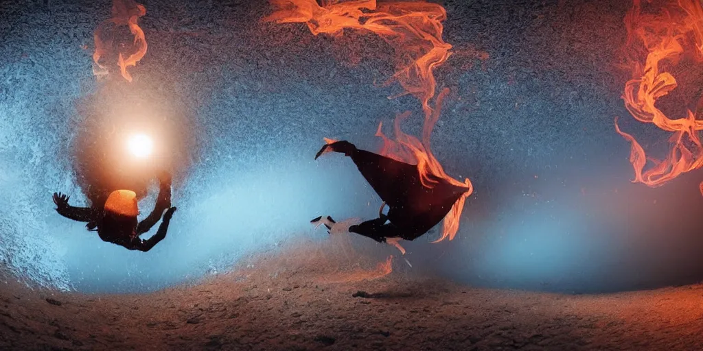 Image similar to underwater fisheye slow motion with trail fire effect of futuristic break dancer wearing long dark cloak and golden helmet emitting magic dust and fire, long exposure shot , enigmatic, at night underwater in the middle of the arctic with red light A letter, paddle of water, steam, fog, water splashes, rim lights, glossy reflections, water droplets on lens, octane render, Volumetric dynamic lighting, stunning cover magazine, high details, hajime sorayama