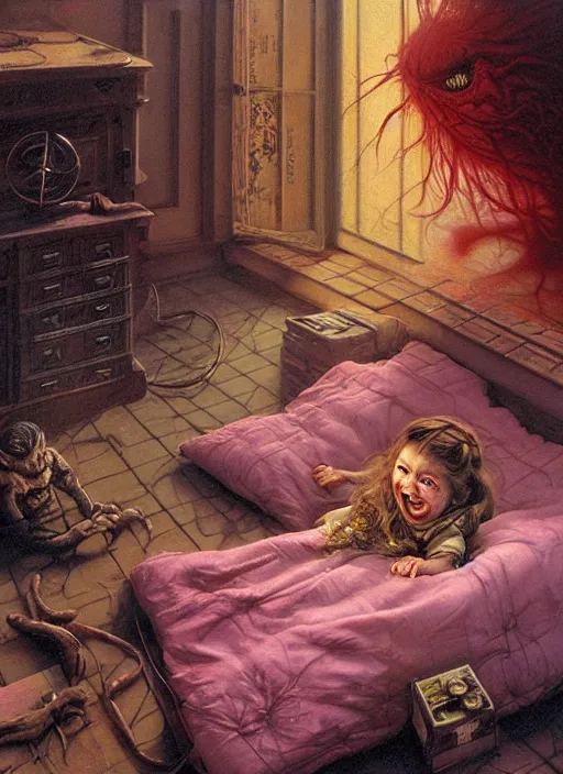 Prompt: realistic detailed image of a little girl in the old soviet room with a little monster hiding!!! and lurking under the bed in the shadows!!!. by Ayami Kojima, Amano, Karol Bak, Greg Hildebrandt, and Mark Brooks, rich deep colors. Beksinski painting, part by Adrian Ghenie and Gerhard Richter. art by Takato Yamamoto. masterpiece