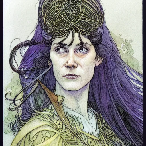 Image similar to a beautiful and very detailed character concept watercolour portrait of sanna marin, the young female prime minister of finland as a druidic wizard by alan lee, rebecca guay, michael kaluta, charles vess and jean moebius giraud