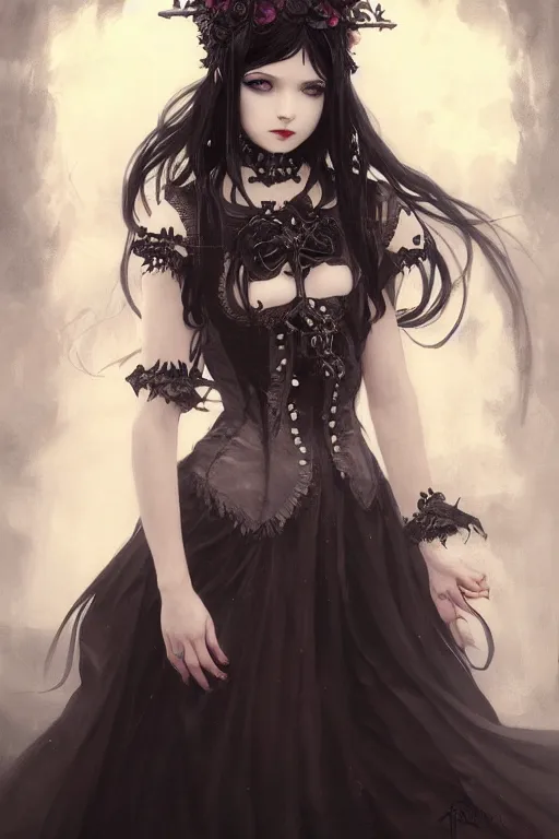 Image similar to portrait of radical lolita girl, dreamy and ethereal and dark, dark eyes, smiling expression, ornate goth dress, dark fantasy, chaotic, elegant, black crows flying, highly detailed, digital painting, artstation, concept art, smooth, sharp focus, illustration, art by artgerm and greg rutkowski and alphonse mucha