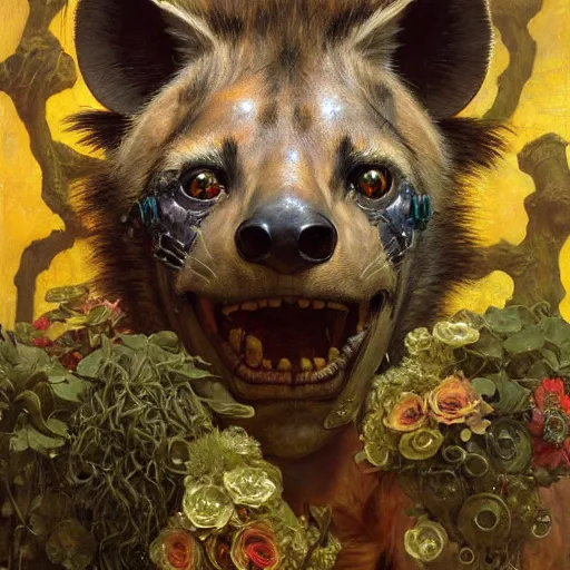 Image similar to portrait of a hyena gnoll as a florist. shadowrun furaffiniy cyberpunk fantasy highly detailed painting by gaston bussiere craig mullins jc leyendecker gustav klimt artgerm greg rutkowski john berkey, bergey, craig mullins, ruan jia, raymond swanland, jeremy mann, tom lovell, alex malveda