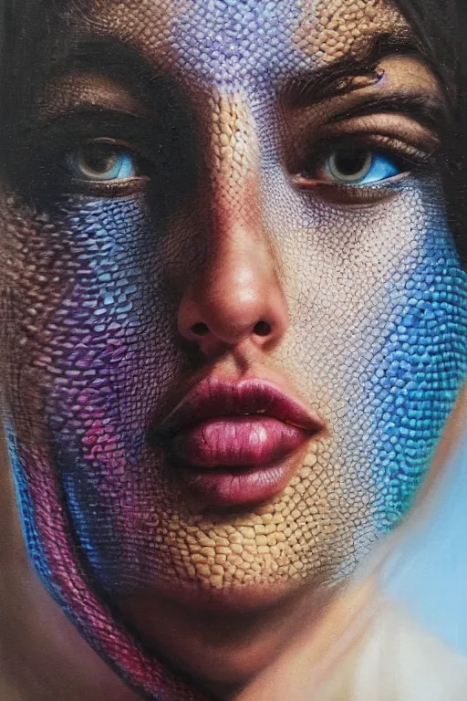 Image similar to hyperrealism oil painting, close - up portrait of face from a tangle of snakes fashion model, knight, street art gradient mixed with nebula sky, in style of baroque
