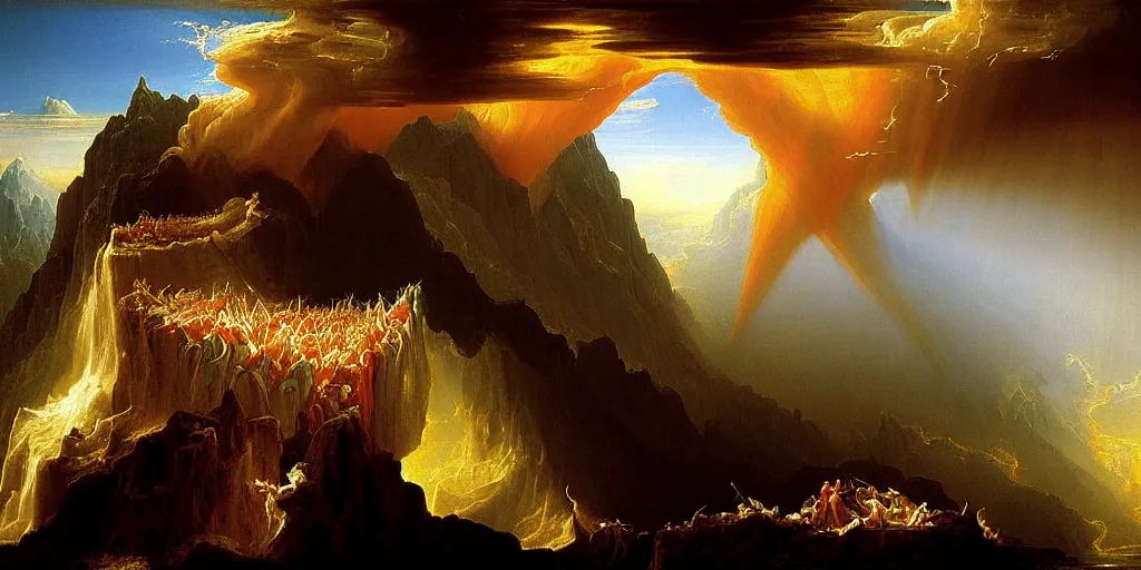 Image similar to heaven and hell painted by thomas cole