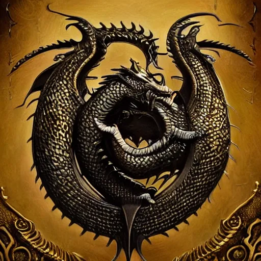 Prompt: emblem of black dragon on a gold metallic dragon emblem talisman, by artgerm, tom bagshaw, gerald brom, moody vibe, goth vibe, 4 k, hd,