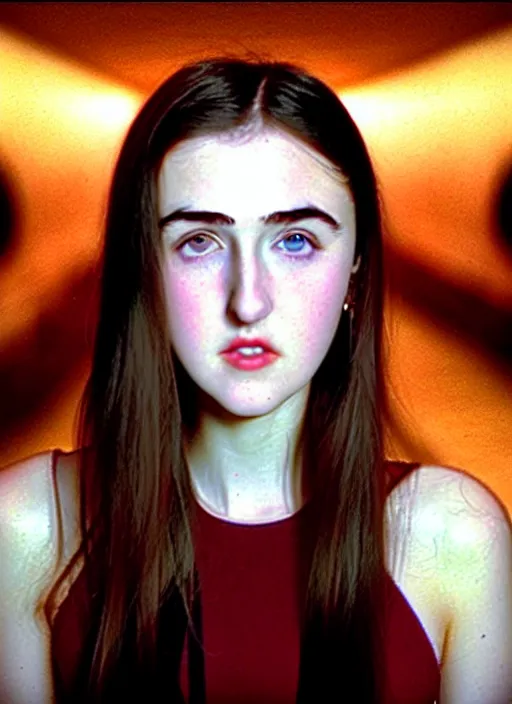 Image similar to layered film still of a slender 18 year old Madeline Zima looking at the camera from the side while looking at you with stunning eyes in a mirror maze reality . dark shadows under her tired eyes. soft detailed film still at 16K resolution and amazingly epic visuals. epically beautiful image. amazing lighting effect, image looks gorgeously crisp as far as it's visual fidelity goes, absolutely outstanding image. perfect film clarity. ultra image detail. iridescent image lighting. mind-breaking atmosphere. mega-beautiful pencil image shadowing. beautifully serene face. Ultra High Definition image. soft image shading. soft image texture. intensely beautiful image.