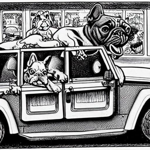 Prompt: an r crumb drawing of a french bulldog driving a jeep