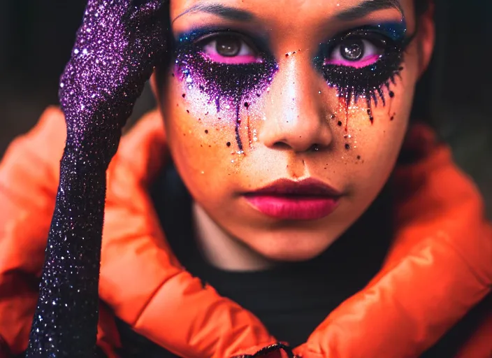 Image similar to Cinestill 50d photograph of a techwear mixed woman wearing thick mascara and dark glitter makeup crying outside of a city on fire, tattoos, tilted frame, 4k, 8k, hd, full color, bokeh