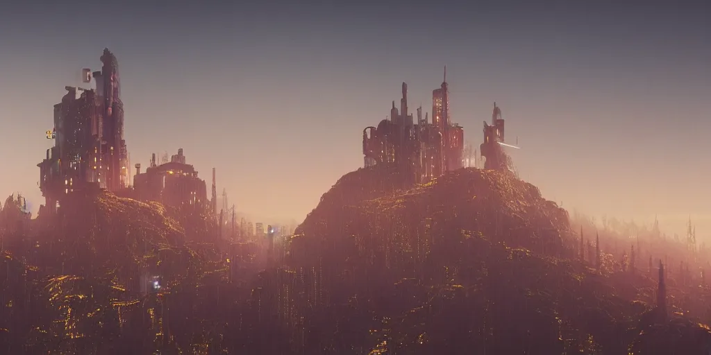 Prompt: a realistic rendering of a cyberpunk castle surrounded by a mist shot at golden hour on 3 0 mm film