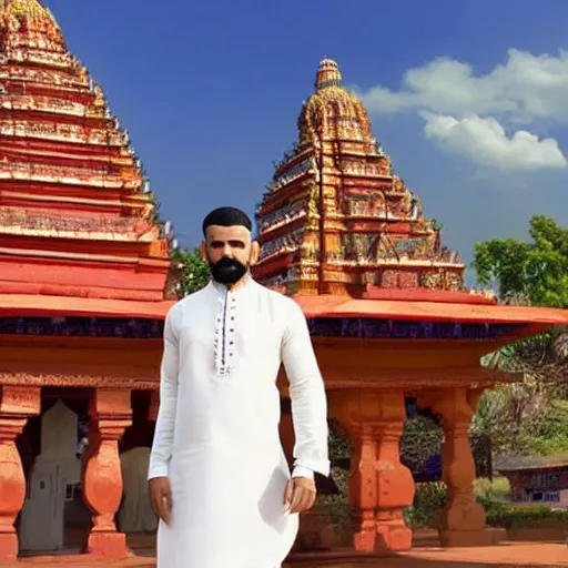 Prompt: kovil in background, wearing a silk kurta, photograph of drake the rapper