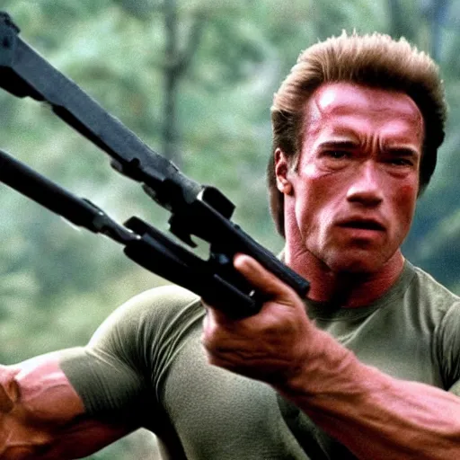 Image similar to arnold schwarzenegger in a still from the movie Rambo (1982)