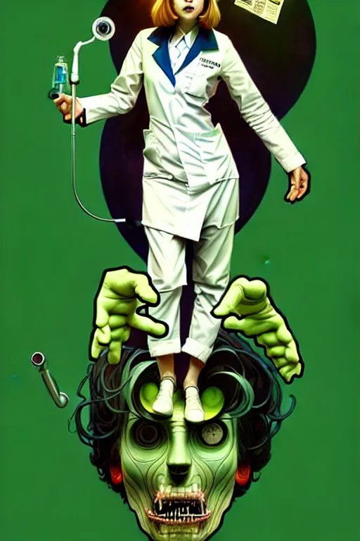 Image similar to doctor who, woman, as a mad dentist, on a plain green background, art by artgerm and greg rutkowski and alphonse mucha