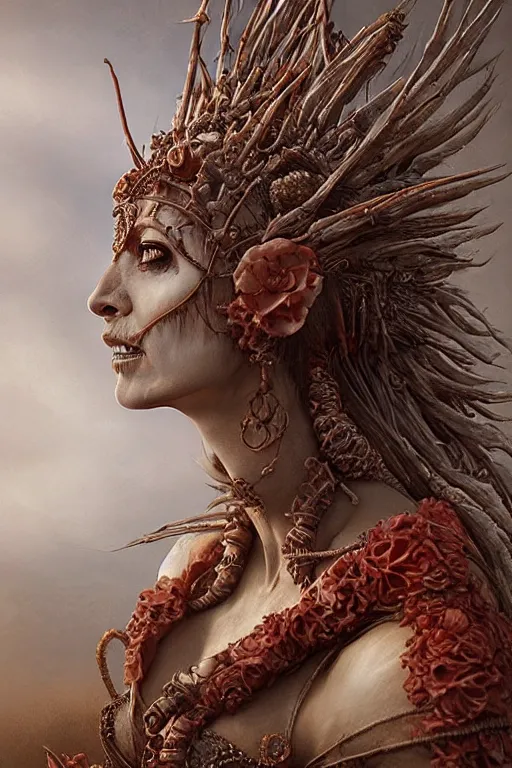 Prompt: a beautiful detailed 3 d matte painting tanned female empress of the dead, by ellen jewett, tomasz alen kopera and justin gerard | symmetrical, native american, ominous, magical realism, texture, intricate, ornate, royally decorated, skull, skeleton, whirling smoke, embers, red adornments, red torn fabric, radiant colors