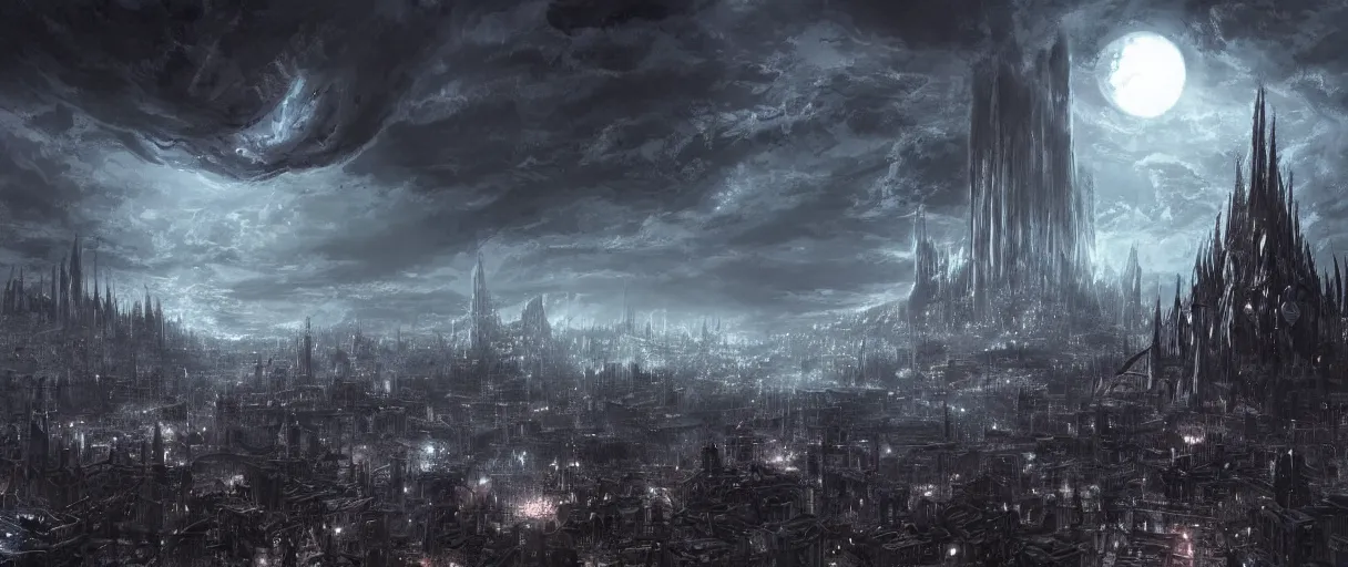 Image similar to digital concept art of large eldritch lovecraftian horror looming over city, dark souls style, volumetric lighting, large scale, night time, moon rays, high detail