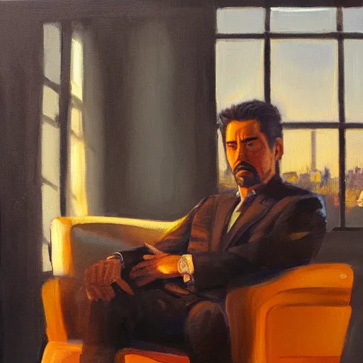 Prompt: detailed oil painting of tony stark sitting in an armchair in a room with the setting sun, by jama jurabaev, golden hour