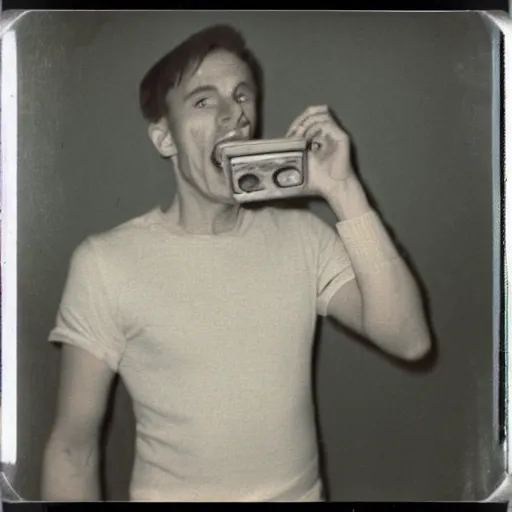 Prompt: 1 9 6 0 s polaroid photo, high detail, aged, weathered, jerma 9 8 5 eating beans in a bathroom, wearing a mario costume