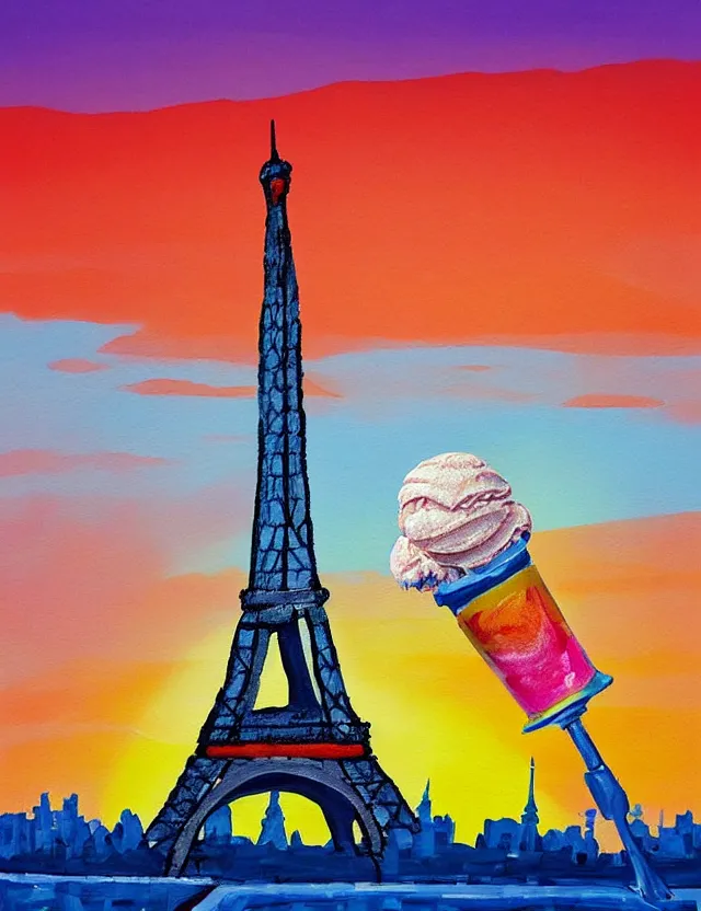 Image similar to a funny painting of the eiffel tower in paris made of ice cream in different colors on a very sunny bright summer sunset day in the style of james jean