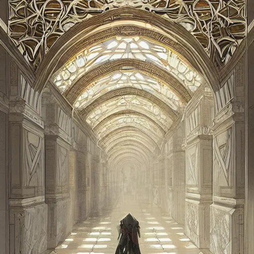 Image similar to a bright marble corridor extending into the distance, walls caved with intricate cubic designs, tiled floor, geometric, sharp details, matte, concept art, artwork by artgerm, greg rutkowski, alphonse mucha