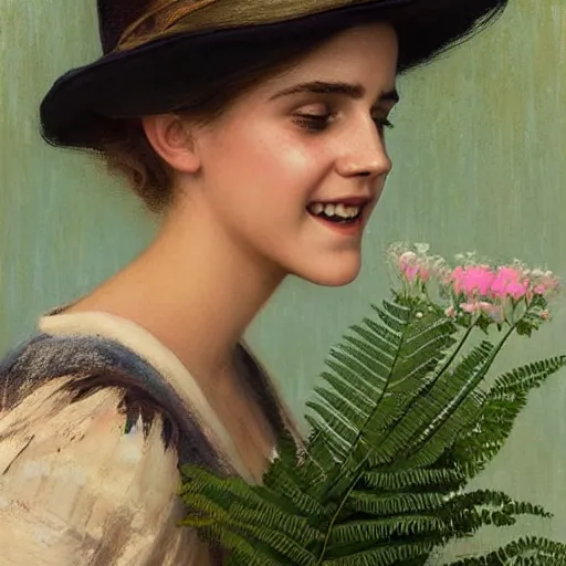 Prompt: laughing mouth open very thick paint brush strokes paint texture full body fashion model emma watson by Jeremy Lipking by Hasui Kawase by Richard Schmid (((smokey eyes makeup eye shadow fantasy, glow, shimmer as victorian woman in a long white frilly lace dress and a large white hat having tea in a sunroom filled with flowers, roses and lush fern flowers ,intricate, night, highly detailed, dramatic lighting))) , high quality