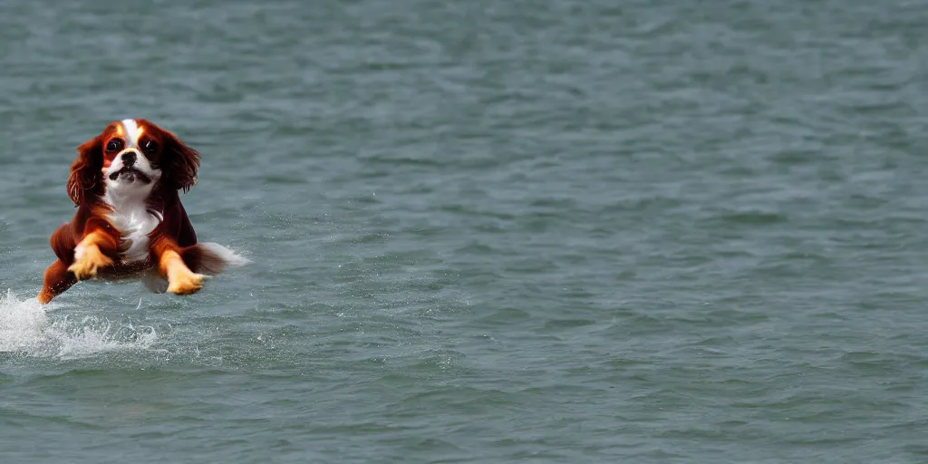 Prompt: A Cavalier King Charles Spaniel wind surfing.