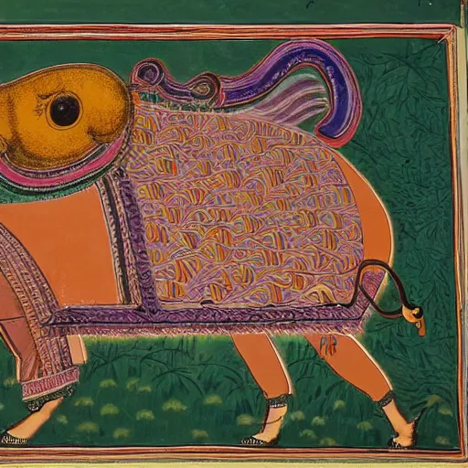 Prompt: a picture of a funky looking ox, pastel Colors, the ox is eating grass and he is holding a rat in one hoof, rat is not dead, and in other hoof is a snake trying to get away, in the style of classic Indian artwork