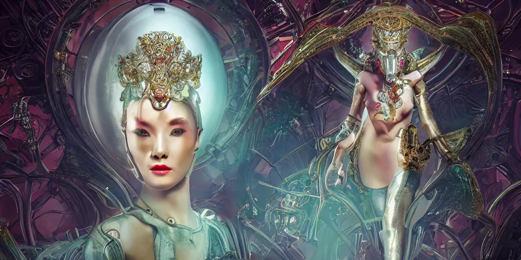 Image similar to a incredible elegant hollow bionic art nouveau alien galaxy japanese pearl queen superheroes, mithras, with ornate jewelled, sci - fi, high - tech, the met museum, streamlined, futuristic, spot lighting, led, photorealistic, high detailed, concept art, exquisite aristocratic, industrial factory by leonardo da vinci rendered in octane 8 k