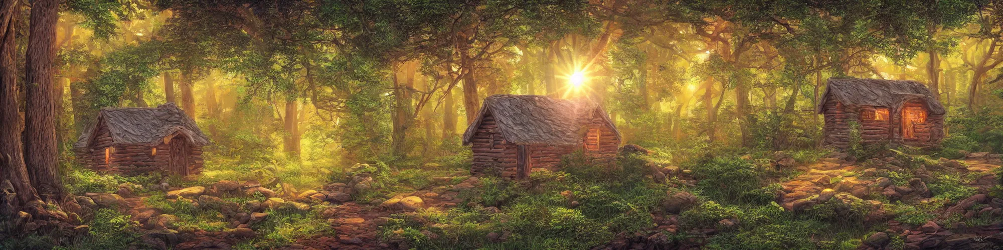 Image similar to isometric painting of ancient forest with mystical cozy cabin highlighted by sun