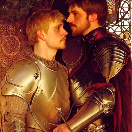 Image similar to attractive arthur pendragon and his attractive male knight, they are in love, natural lighting, path traced, highly detailed, high quality, digital painting, by gaston bussiere, craig mullins, alphonse mucha j. c. leyendecker