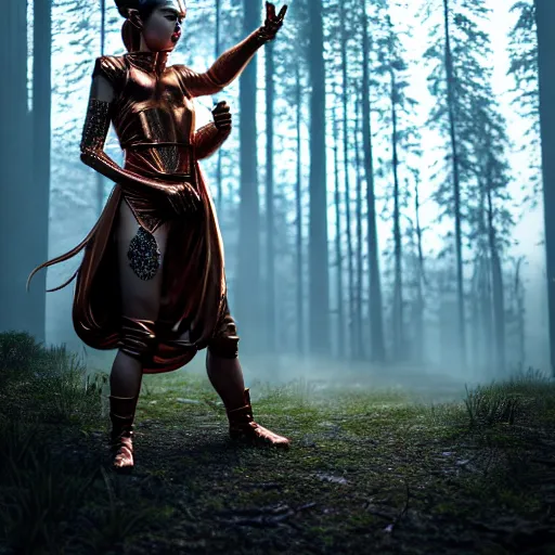 Image similar to highly detailed, ultra realistic, cinematic, woman full body with a copper nose and copper claws, high detail, 8 k, sharp focus, movie still, dramatic lighting, ray tracing, smooth, a female evil demonic character of kazakh mythology, jeztyrnak, standing in the night forrest