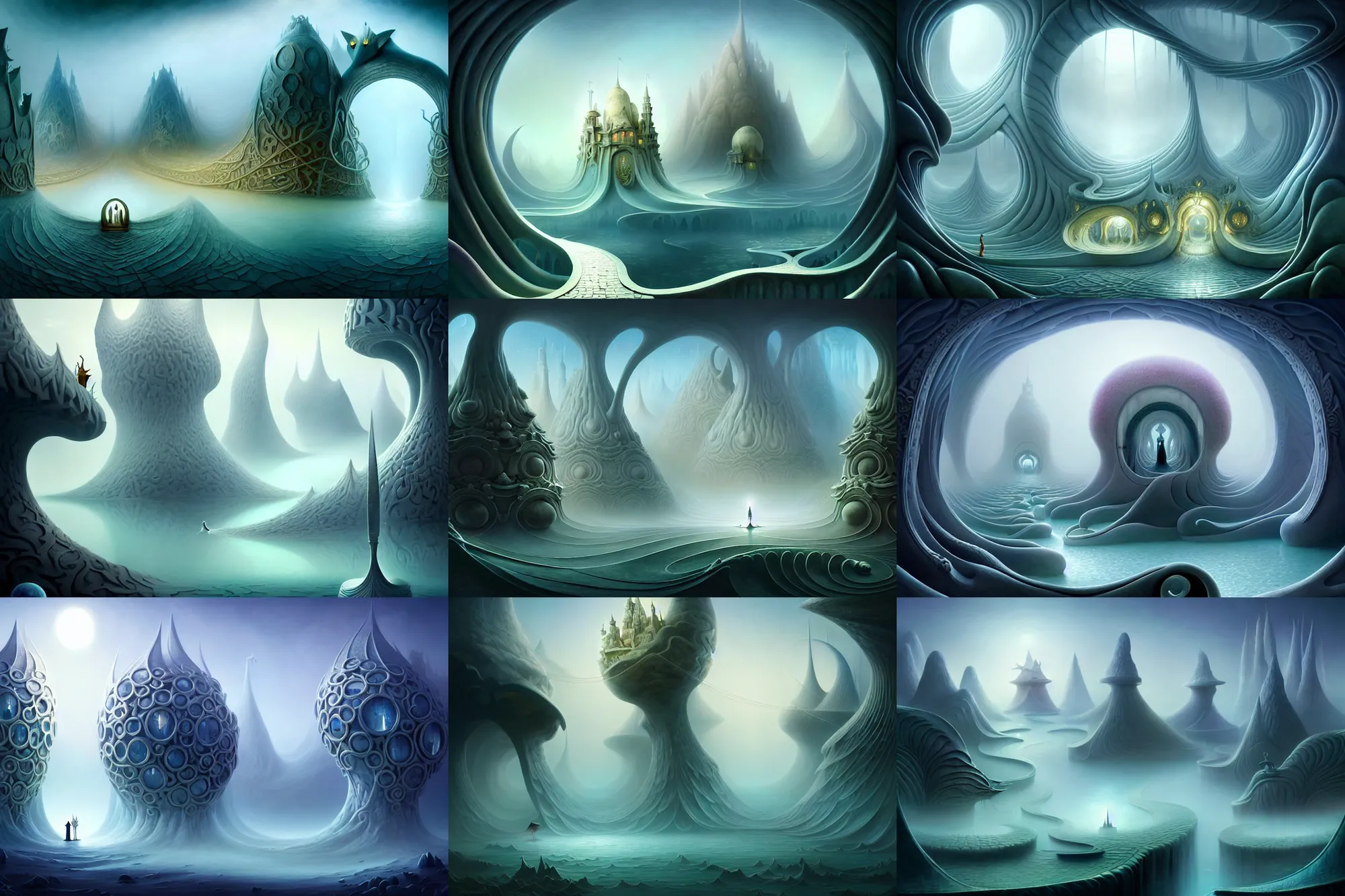 Prompt: an epic elegant mysterious beguiling masterpiece fantasy matte painting of an impossible path winding through arctic dream worlds with surreal architecture designed by heironymous bosch, structures inspired by heironymous bosch's garden of earthly delights, surreal ice interiors by cyril rolando and asher durand and natalie shau, insanely detailed, whimsical, intricate, sharp focus, elite