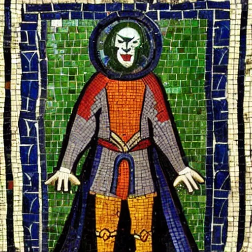 Image similar to medieval mosaic depicting the joker, medieval church art, mosaic of the joker standing in front of gotham, high quality